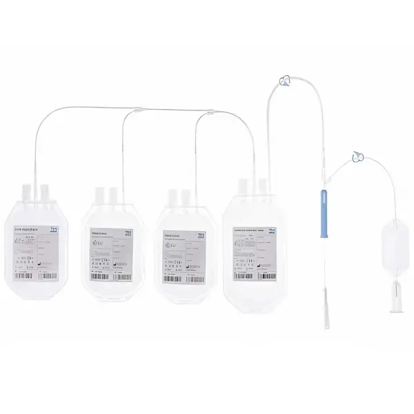 Single-use quadruple container for collection of 450 ml of whole blood