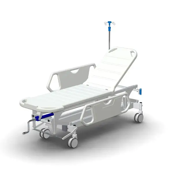 Medical trolley with mechanical height adjustment TPBr Horizon for transportation of patients TM OMEGA